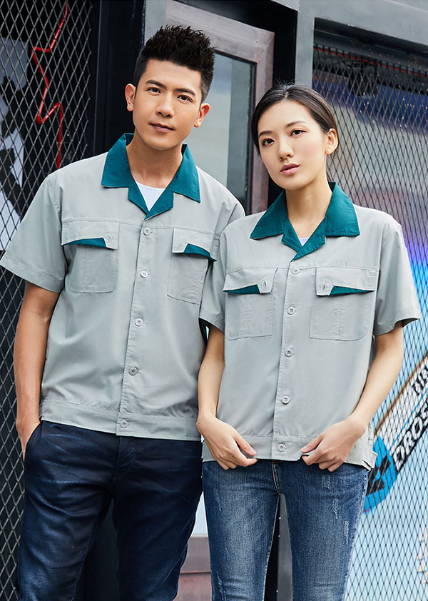 純棉短袖建筑工地工作服,夏季薄款勞保工程服上