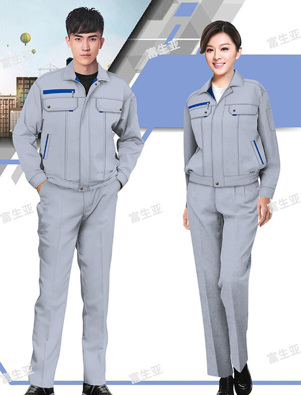 汽修店工作服設計效果圖——淺灰拼藍色套裝設計
