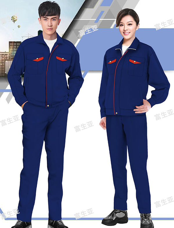 汽修店工作服設計效果圖——藍色拼紅色套裝設計